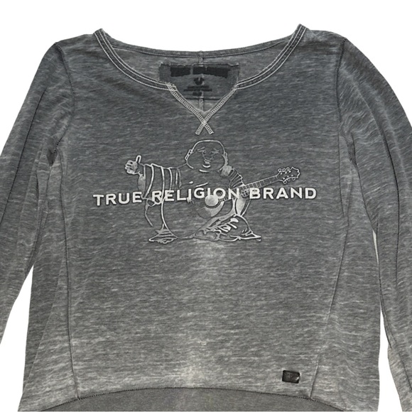 TRUE RELIGION women's grey lightweight graphic crew FLC sweater, size medium. - Picture 2 of 3
